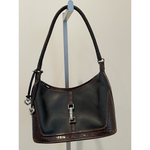 BRIGHTON Black‎ Pebble and Brown Leather Shoulder Bag Braided Strap Vintage - Picture 1 of 7